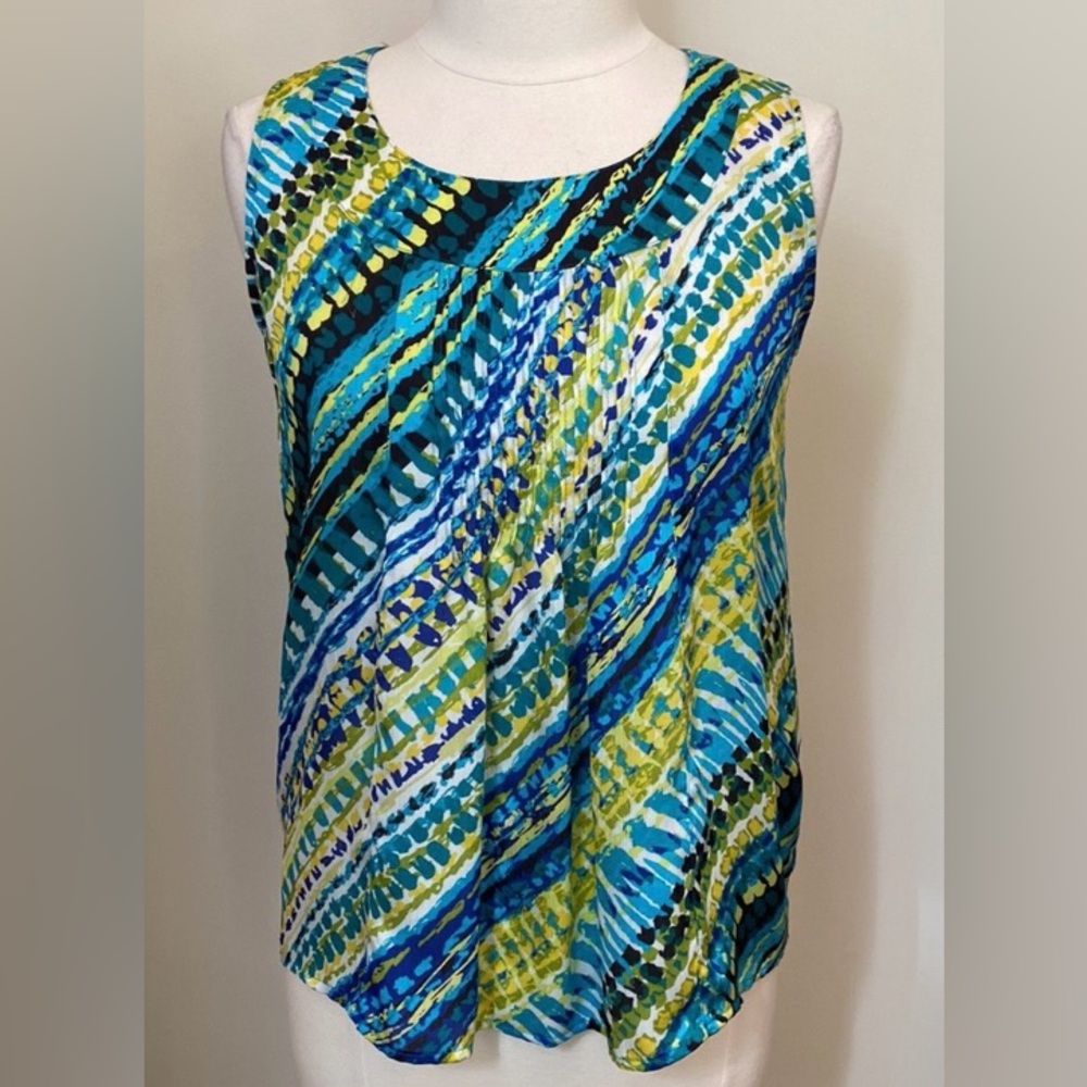 Rafaella Green Yellow Blue Print Pleated Sleeveless Coastal Tank Top Size Small